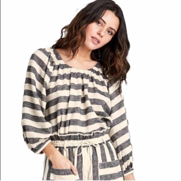 Who What Wear Linen Blend Striped Off the Shoulder Ballon Sleeve Blouse Size S - Picture 1 of 4